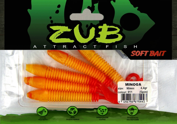 Приманка ZUB-MINOGA  90мм(3,5")-5шт, (цвет 011) желтое тело-красный хвост Приманка ZUB-MINOGA  90мм(3,5")-5шт, (цвет 011) желтое тело-красный хвост