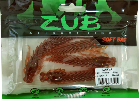 Приманка ZUB-LARVA 100мм(4")-4шт, (цвет 911) машинное масло с блестками