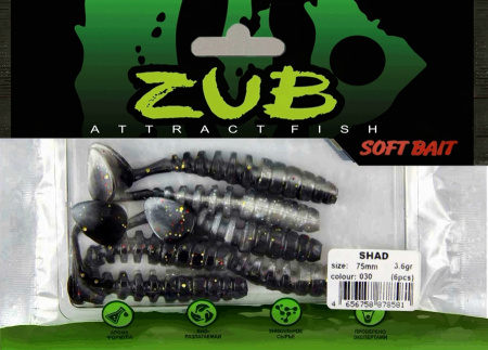 Приманка ZUB-SHAD  75мм(3")-6шт, (цвет 030) черный верх - натурал низ Приманка ZUB-SHAD  75мм(3")-6шт, (цвет 030) черный верх - натурал низ