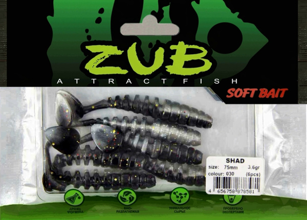 Приманка ZUB-SHAD  75мм(3")-6шт, (цвет 030) черный верх - натурал низ Приманка ZUB-SHAD  75мм(3")-6шт, (цвет 030) черный верх - натурал низ