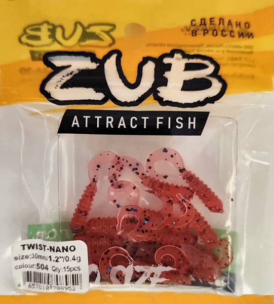 Приманка ZUB-TWIST-NANO  30мм(1,2")-15шт, (цвет 504) красный с блестками Приманка ZUB-TWIST-NANO  30мм(1,2")-15шт, (цвет 504) красный с блестками