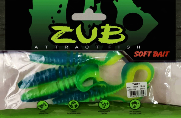 Приманка ZUB-TWIST 150мм(5,9")-4шт, (цвет 020) синий верх - желтый низ Приманка ZUB-TWIST 150мм(5,9")-4шт, (цвет 020) синий верх - желтый низ