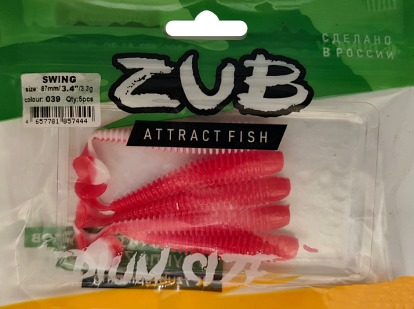 Приманка ZUB-SWING  87мм(3,4")-5шт, (цвет 039) красный верх-белый низ (в)