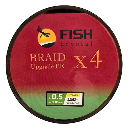 Плетёный шнур из 4-х нитей, FISH CRYSTAL жёлтый, 0.10мм, 150м, 4,5кг