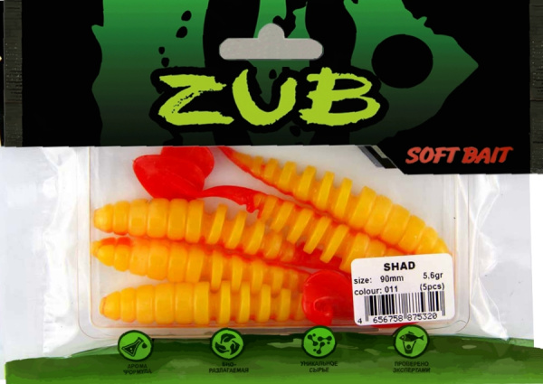 Приманка ZUB-SHAD  90мм(3,5")-5шт, (цвет 011) желтое тело - красный хвост Приманка ZUB-SHAD  90мм(3,5")-5шт, (цвет 011) желтое тело - красный хвост