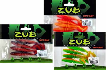 Приманка ZUB-TWIST 100мм(4")-4шт, (Цвет 407)зеленый верх - желтый низ