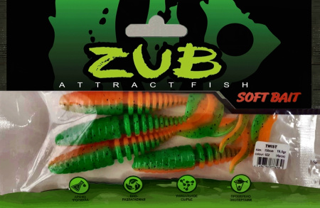 Приманка ZUB-TWIST 150мм(5,9")-4шт, (цвет 022) зеленый верх -оранжевый низ
