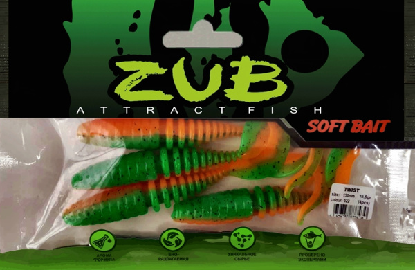 Приманка ZUB-TWIST 150мм(5,9")-4шт, (цвет 022) зеленый верх -оранжевый низ