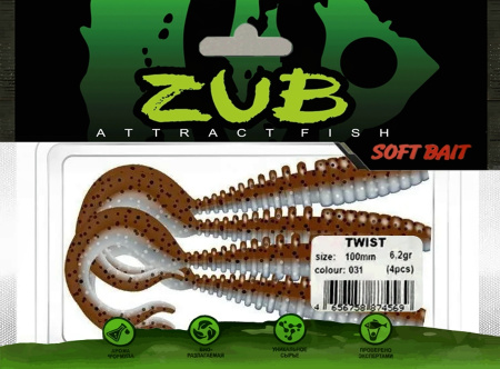 Приманка ZUB-TWIST 100мм(4")-4шт, (цвет 031) карамель верх-натурал низ