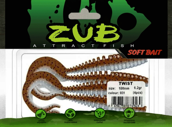 Приманка ZUB-TWIST 100мм(4")-4шт, (цвет 031) карамель верх-натурал низ Приманка ZUB-TWIST 100мм(4")-4шт, (цвет 031) карамель верх-натурал низ