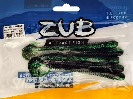 Приманка ZUB-WORM-ZANDER 135мм(5,3")-5шт, (цвет 040) черный верх-изумрудный низ