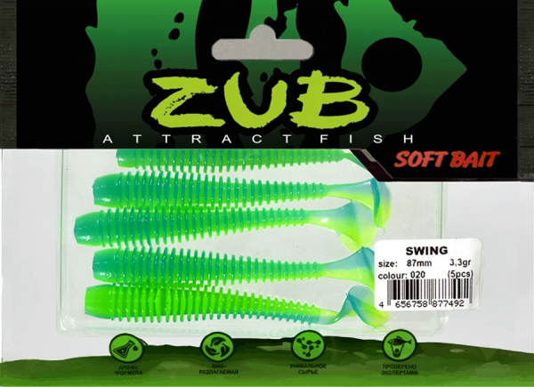 Приманка ZUB-SWING  87мм(3,4")-5шт, (цвет 020) синий верх-желтый низ