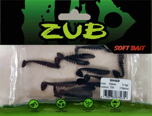 Приманка ZUB-SHAD  50мм(2")-10шт, (цвет 701) черный Приманка ZUB-SHAD  50мм(2")-10шт, (цвет 701) черный