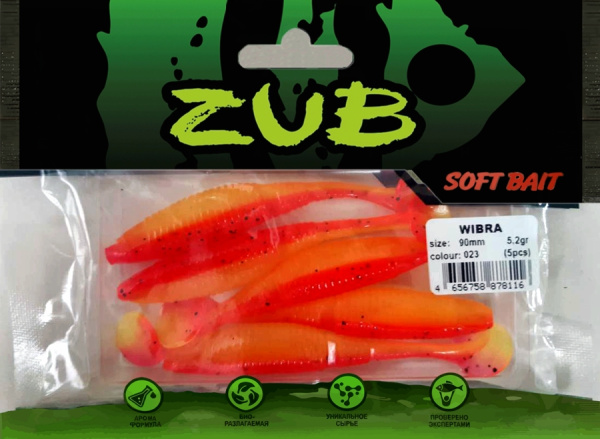 Приманка ZUB-WIBRA  90мм(3,5")-5шт, (цвет 023) розовый верх - желтый низ Приманка ZUB-WIBRA  90мм(3,5")-5шт, (цвет 023) розовый верх - желтый низ