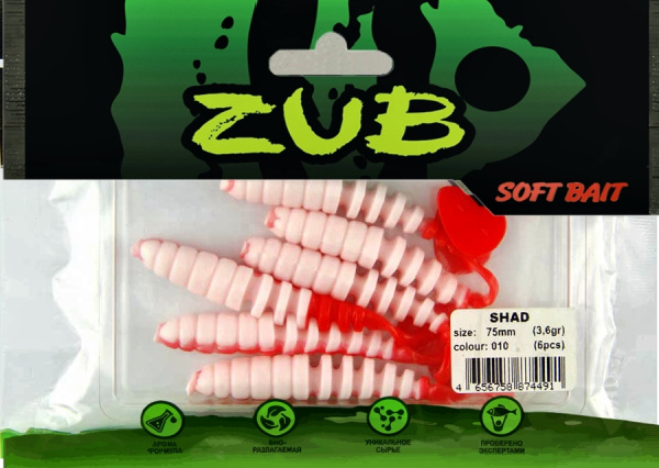 Приманка ZUB-SHAD  75мм(3")-6шт, (цвет 010) белое тело - красный хвост Приманка ZUB-SHAD  75мм(3")-6шт, (цвет 010) белое тело - красный хвост
