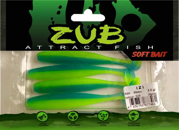 Приманка ZUB-IZI  99мм(4")-4шт, (цвет 020) синий верх - желтый низ Приманка ZUB-IZI  99мм(4")-4шт, (цвет 020) синий верх - желтый низ