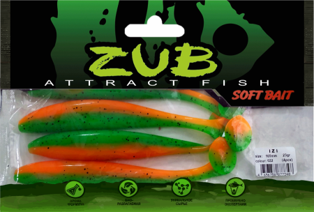 Приманка ZUB-IZI 165мм(6,5")-4шт, (цвет 022) зеленый верх - оранжевый низ