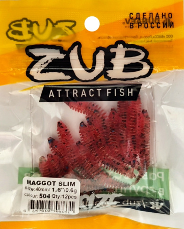 Приманка ZUB-MAGGOT SLIM 40мм(1,5")-12шт, (цвет 504) красный с блестками
