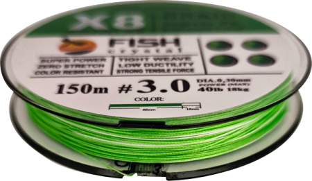 Плетёный шнур из 8-х нитей, FISH CRYSTAL NEON GREEN, # 3.0. Ø 0.30мм, 150м, 18.0кг