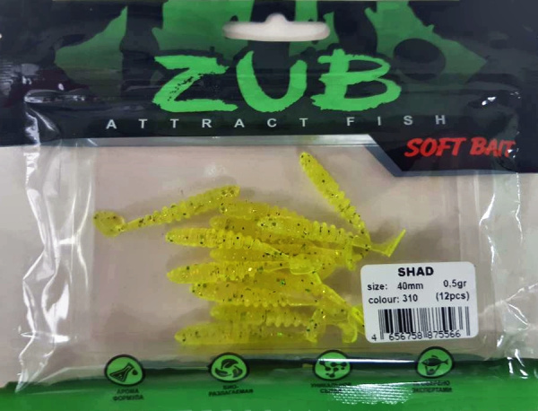 Приманка ZUB-SHAD  40мм(1,5")-12шт, (цвет 310) желтый с блестками Приманка ZUB-SHAD  40мм(1,5")-12шт, (цвет 310) желтый с блестками