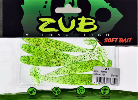 Приманка ZUB-IZI  86мм(3,4")-5шт, (цвет 351) шартрез с блестками