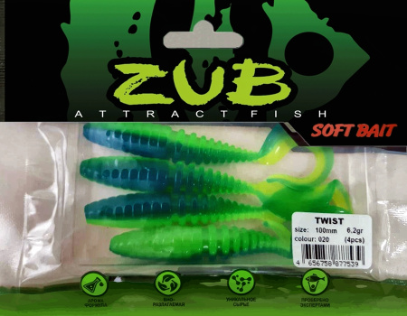 Приманка ZUB-TWIST 100мм(4")-4шт, (цвет 020) синий верх - желтый низ