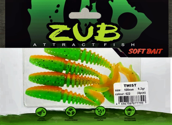 Приманка ZUB-TWIST 100мм(4")-4шт, (цвет 022) зеленый верх -оранжевый низ Приманка ZUB-TWIST 100мм(4")-4шт, (цвет 022) зеленый верх -оранжевый низ