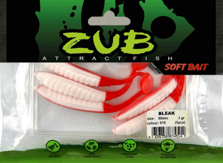Приманка ZUB-BLEAK  90мм(3,5")-5шт, (цвет 010) белое тело - красный хвост