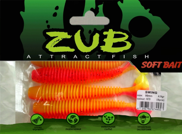 Приманка ZUB-SWING  99мм(4")-4шт, (цвет 023) розовый верх - желтый низ Приманка ZUB-SWING  99мм(4")-4шт, (цвет 023) розовый верх - желтый низ