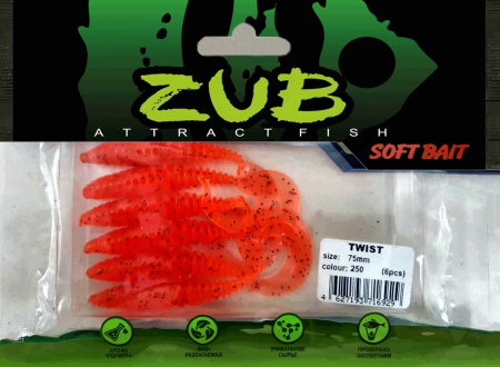 Приманка ZUB-TWIST  75мм(3")-6шт, (цвет 250) морковный с блестками