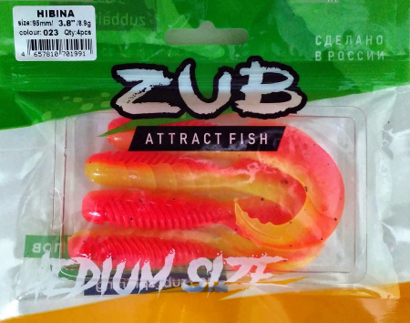 Приманка ZUB-HIBINA  95мм(3,8")-4шт, (цвет 023) розовый верх - желтый низ
