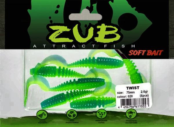 Приманка ZUB-TWIST  75мм(3")-6шт, (цвет 020) синий верх-желтый низ Приманка ZUB-TWIST  75мм(3")-6шт, (цвет 020) синий верх-желтый низ