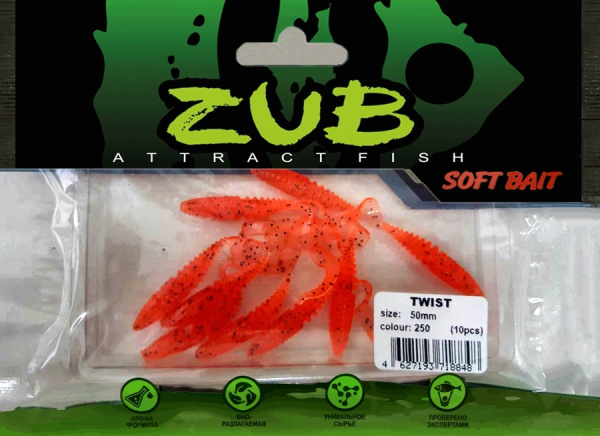Приманка ZUB-TWIST  50мм(2")-10шт, (цвет 250) морковный с блестками Приманка ZUB-TWIST  50мм(2")-10шт, (цвет 250) морковный с блестками