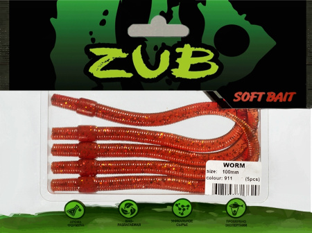 Приманка ZUB-WORM 100мм(4")-5шт, (цвет 911) машинное масло с блестками