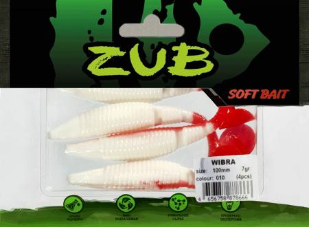 Приманка ZUB-WIBRA 100мм(4")-4шт, (цвет 010) белое тело-красный хвост