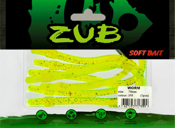 Приманка ZUB-WORM  75мм(3")-7шт, (цвет 310) желтый с блестками Приманка ZUB-WORM  75мм(3")-7шт, (цвет 310) желтый с блестками