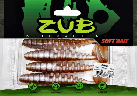 Приманка ZUB-SHAD 100мм(4")-4шт, (цвет 031) карамель верх - натурал низ