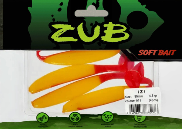 Приманка ZUB-IZI  99мм(4")-4шт, (цвет 011) желтое тело - красный хвост Приманка ZUB-IZI  99мм(4")-4шт, (цвет 011) желтое тело - красный хвост