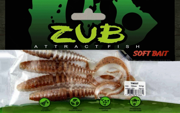 Приманка ZUB-TWIST 150мм(5,9")-4шт, (цвет 031) карамель верх-натурал низ Приманка ZUB-TWIST 150мм(5,9")-4шт, (цвет 031) карамель верх-натурал низ