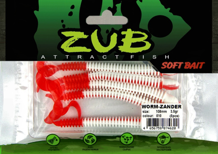 Приманка ZUB-WORM-ZANDER 108мм(4,3")-5шт, (цвет 010) белое тело-красный хвост