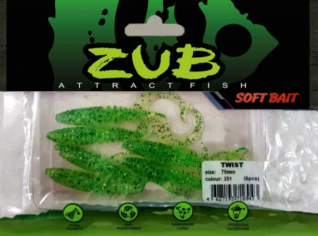 Приманка ZUB-TWIST  75мм(3")-6шт, (цвет 351) шартрез с блестками