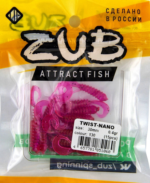 Приманка ZUB-TWIST-NANO  30мм(1,2")-15шт, (цвет 130) маджента с блестками