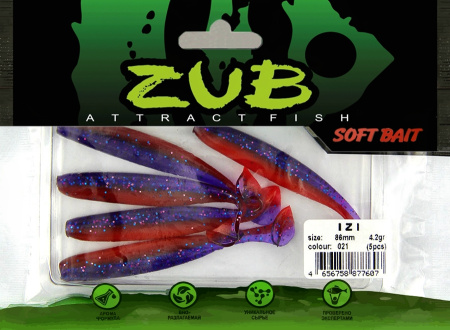 Приманка ZUB-IZI  86мм(3,4")-5шт, (цвет 021) фиолетовый верх - красный низ