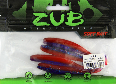 Приманка ZUB-IZI  99мм(4")-4шт, (цвет 021) фиолетовый верх - красный низ