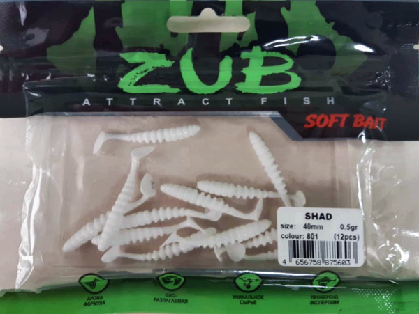 Приманка ZUB-SHAD  40мм(1,5")-12шт, (цвет 801) белый Приманка ZUB-SHAD  40мм(1,5")-12шт, (цвет 801) белый