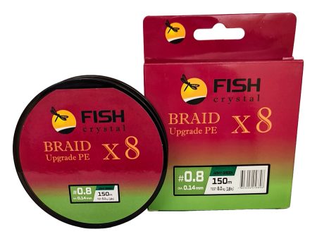 Плетёный шнур из 8-ми нитей, FISH CRYSTAL зелёный, 0.14мм, 150м, 8 кг