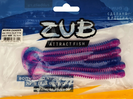 Приманка ZUB-WORM-ZANDER 135мм(5,3")-5шт, (Цвет 408) синий верх - розовый низ
