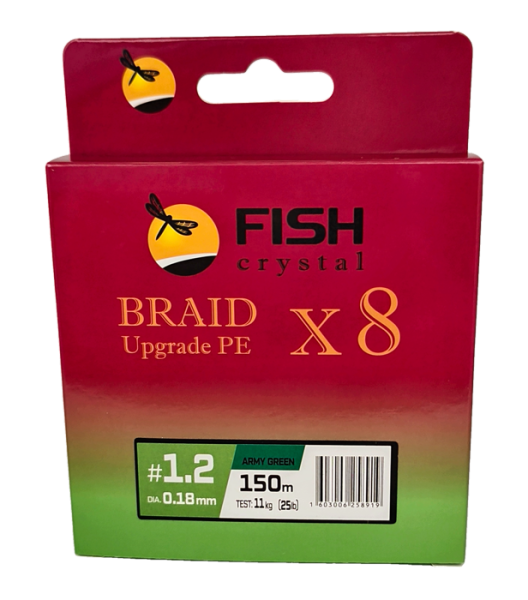 Плетёный шнур из 8-ми нитей, FISH CRYSTAL зелёный, 0.18мм, 150м, 11кг