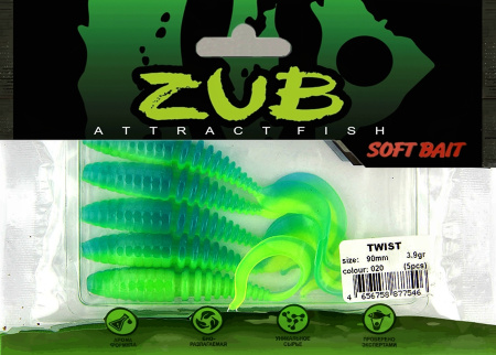 Приманка ZUB-TWIST  90мм(3,5")-5шт, (цвет 020) синий верх-желтый низ