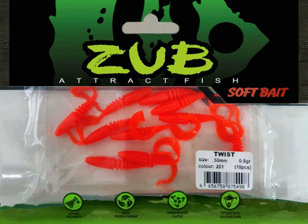 Приманка ZUB-TWIST  50мм(2")-10шт, (цвет 201) оранжевый